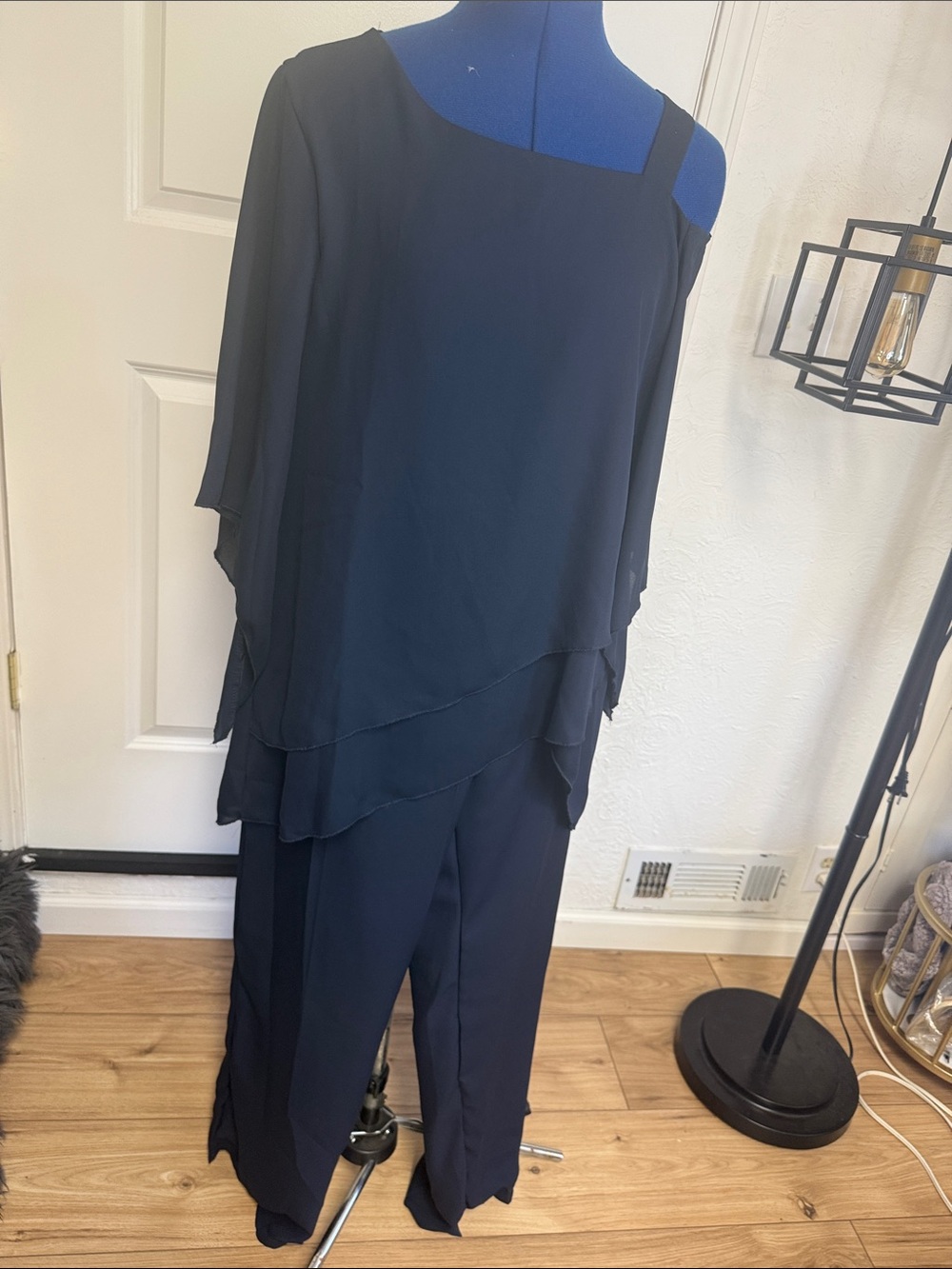 Women’s Layered One-Shoulder  Chiffon Pant Set- Navy